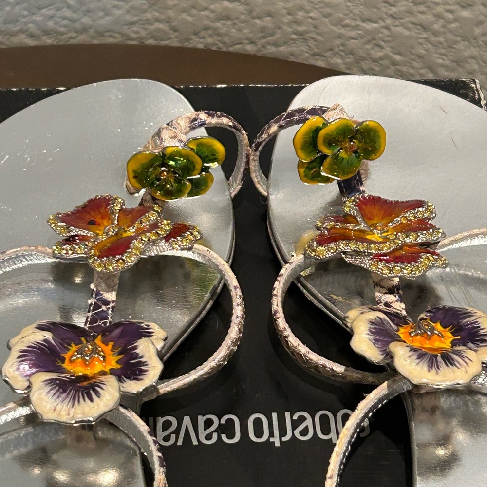 Rare Vintage Roberto Cavalli Flat T-Strap in Pansy - Picture 4 of 12